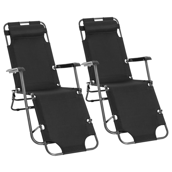 Foldable Sun Loungers - Adjustable Back, Reclining Garden Chairs with Pillow and Armrests, Black - Perfect for Patio Relaxation and Sunbathing