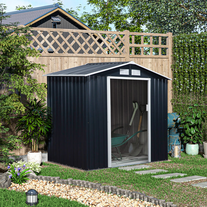 Large Lockable Metal Garden Shed - 7ft x 4ft Dark Grey Patio Storage with Foundation - Secure Outdoor Tool and Equipment Organizer