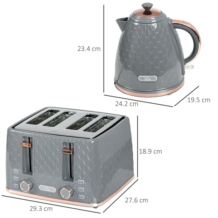 1.7L 3000W Fast Boil Kettle & 4-Slice Toaster Combo - Adjustable 7 Settings & Crumb Tray - Efficient Kitchen Breakfast Set in Sleek Grey