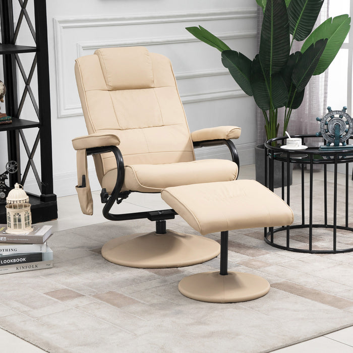 Manual Recliner Armchair & Ottoman Set - PU Leather Massage Reclining Chair, Cream - Comfortable Lounge Seating with Relaxing Massage Feature