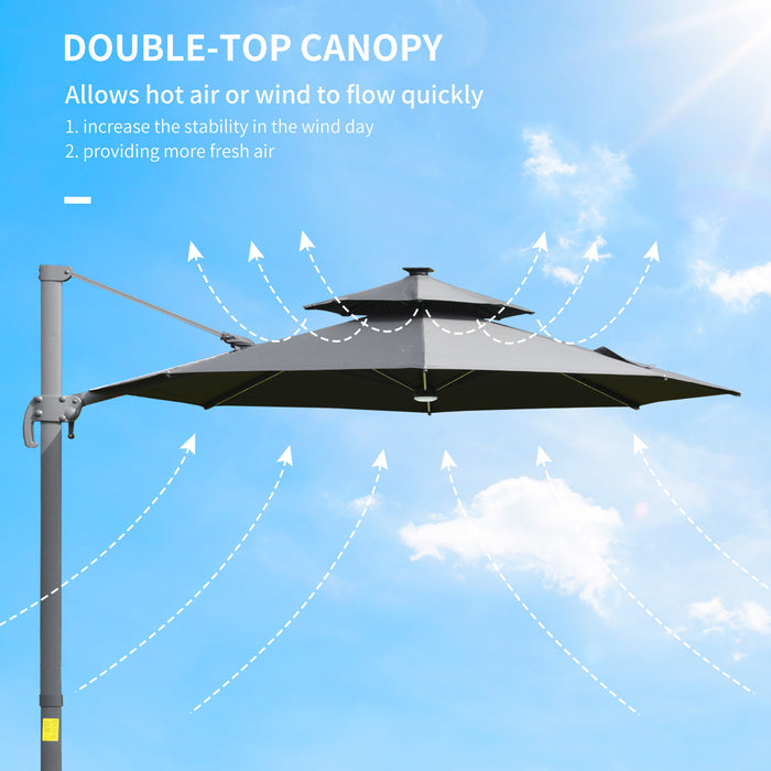 3M Adjustable Cantilever Parasol with Solar Lights - Power Bank, Cross Base, 360° Rotation, 2-Tier Canopy for Garden - Outdoor Sunshade Umbrella for Patio Comfort and Style