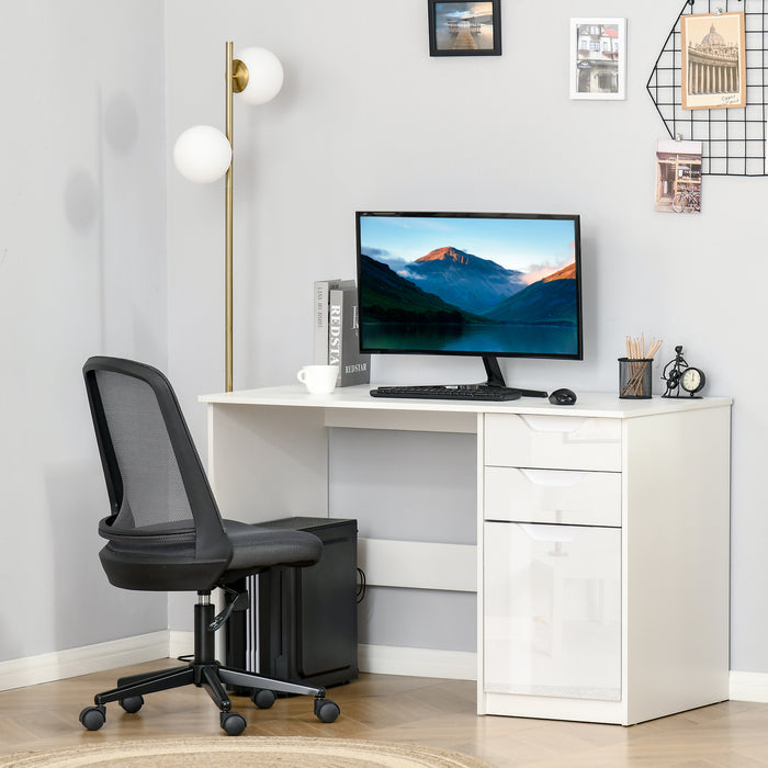 Modern High Gloss Writing Desk - Computer Workstation with Drawers & Storage Cabinet - Ideal for Home Office and Study Use