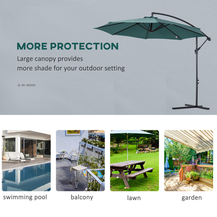 Banana Parasol Hanging Cantilever Umbrella - 3m with Crank Handle, 8 Ribs, Cross Base, Sun Shade in Dark Green - Ideal for Outdoor Relaxation and UV Protection