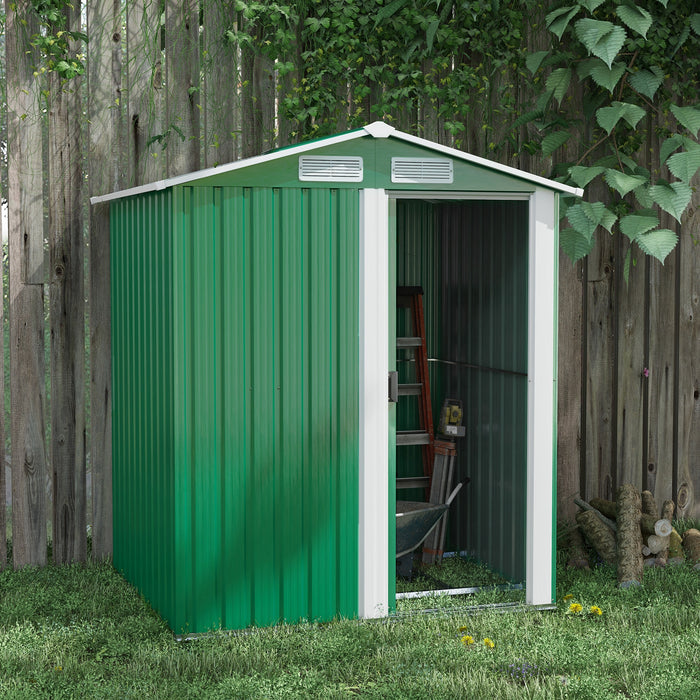 Garden Tool Shed with Sliding Door - Metal Storage Unit with Sloped Roof and Floor Foundation, 152x132x188cm, Green - Ideal Outdoor Organizer for Garden Equipment