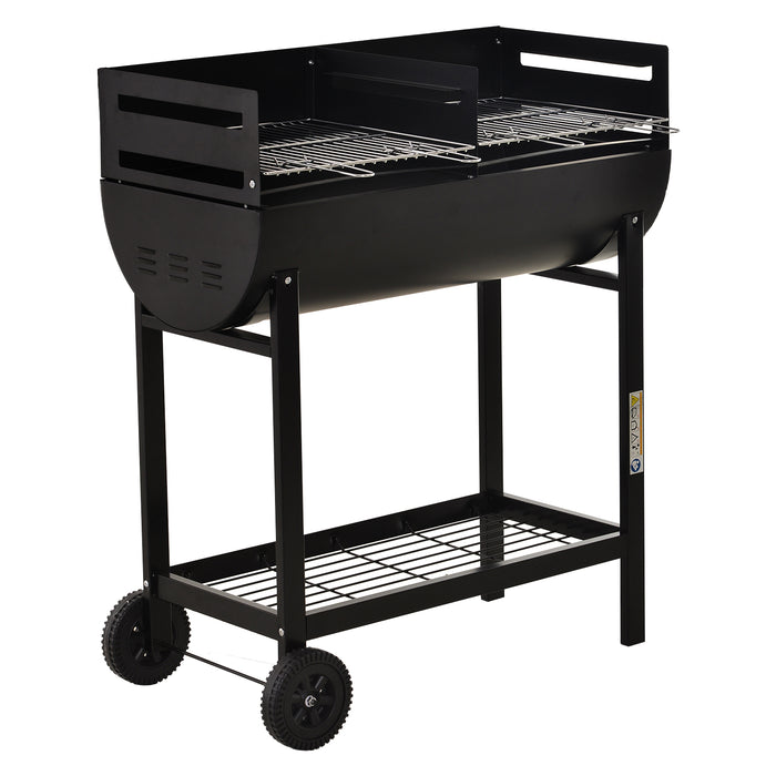 Black Charcoal BBQ Trolley with Dual Grill - Adjustable Heat-Resistant Grill Nets for Outdoors - Portable Garden Barbecue with Wheels for Easy Movement