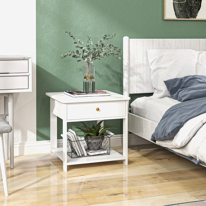 Square Bedside Table with Drawer - Elegant White Side End Table Set with Bottom Shelf for Storage - Ideal for Bedroom and Living Room Decor, Pack of 2