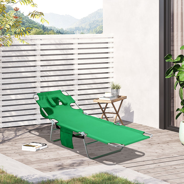 Portable Beach Chaise Lounge with Face Hole & Arm Rests - Reclining Sun Chair with Face Cavity for Patio, Garden, Poolside Comfort - Ideal for Sunbathing and Relaxation, Green