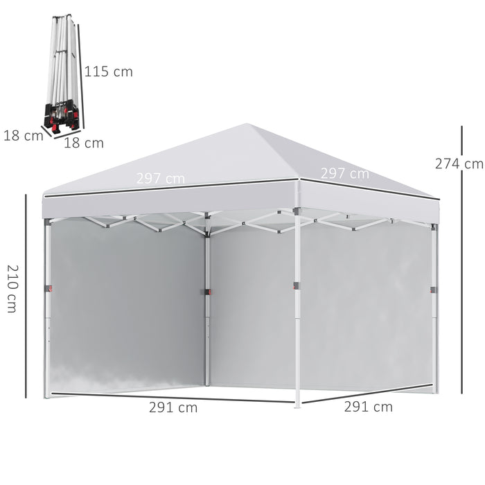 Pop Up Gazebo 3x3m with 2 Sidewalls - Height Adjustable Party Tent with Leg Weight Bags, Carry Bag - Ideal Event Shelter for Garden, Patio, White