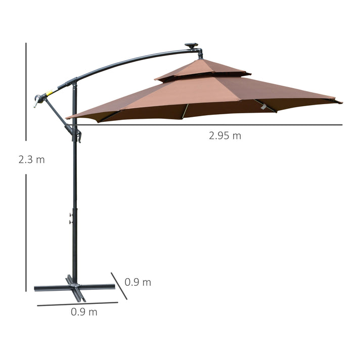 Cantilever 3m Parasol with Solar LED Lights - Double Roof Banana Hanging Umbrella, 8 Ribs, Crank Handle, Cross Base - Ideal for Outdoor Patio, Garden in Coffee Color