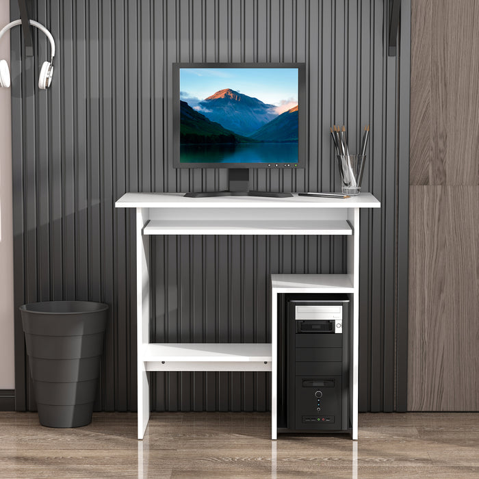 Modern White Wooden Office Desk - Corner Table with Keyboard Tray and Storage Shelf - Ideal for Home Office Organization