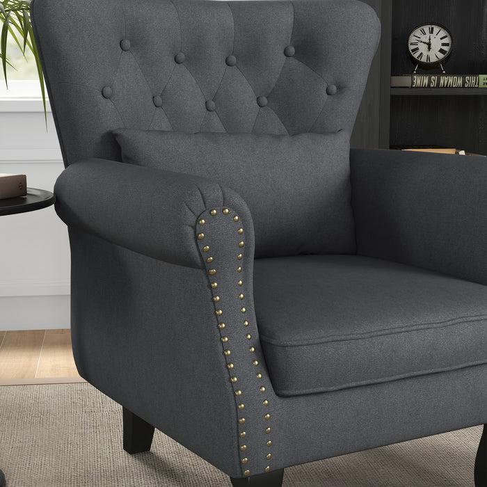 Chesterfield-Style Wingback Chair - Tufted, Nailhead-Trimmed Armchair with Pillow in Dark Grey - Elegant Seating Solution for Living Room and Bedroom