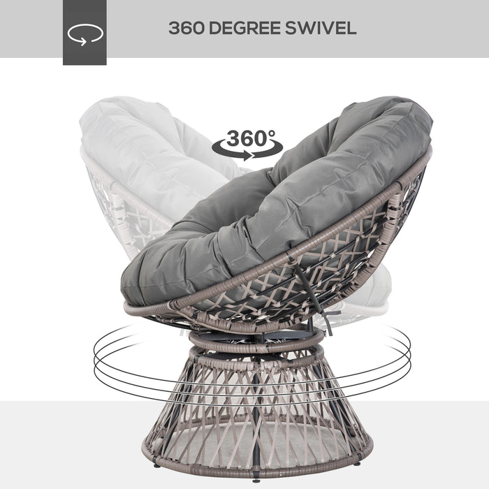 Rattan Papasan Moon Bowl Chair - 360° Swivel, Oversized Wicker Basket Lounge Seat with Grey Padded Cushion - Ideal for Indoor & Outdoor Relaxation