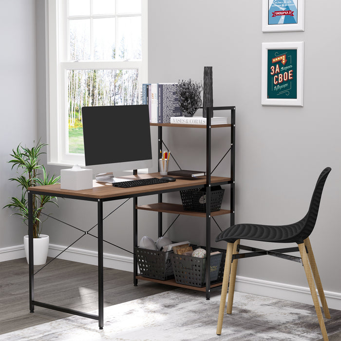 4-Tier Bookshelf Computer Desk - Sturdy Metal Frame with Wooden Top, Home Office Workstation in Walnut & Black - Ideal for Students & Remote Workers