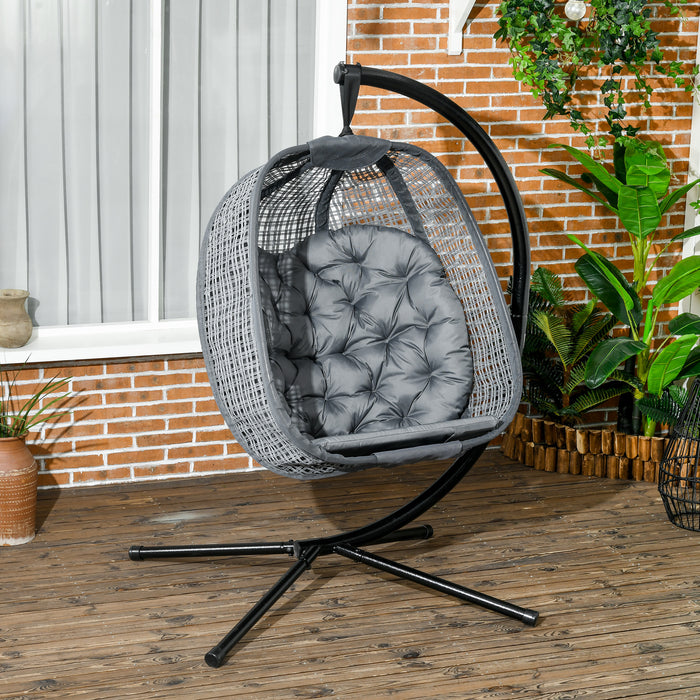 Outdoor Swing Chair with Padded Comfort - Patio Friendly Hanging Basket Chair with Metal Frame and Cup Holder - Ideal for Relaxation and Lounging in Gardens or Balconies