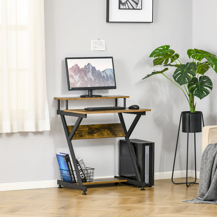 Compact R-Shaped Computer Desk - Home Office Table with Monitor Shelf and Storage, Ideal for Study and Gaming - Space-Saving Design for Small Spaces, 70cm, Brown