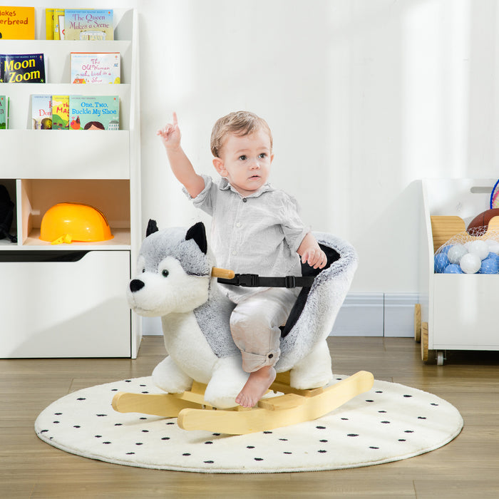 Husky Plush Wooden Rocking Horse - Toddler Safe Ride-On Toy with Seat Belt for Kids 18-36 Months - Gentle Rocking Animal for Developing Balance and Coordination