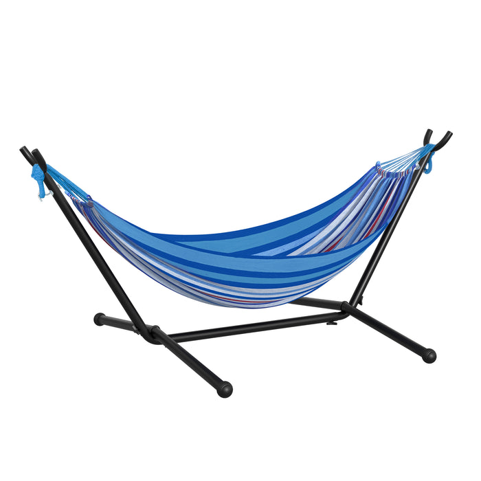 Portable Camping Hammock with Stand - 294 x 117cm White Stripe, Adjustable Height, 120kg Load Capacity with Carrying Bag - Ideal for Outdoor Relaxation and Travel Companions