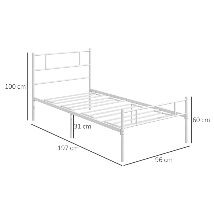 Metal Single Bed Frame with Headboard & Footboard - Robust Metal Slat Support System, Ample Storage with 31cm Clearance - Ideal for Compact Rooms & Maximizing Space