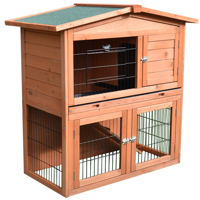 2-Tier Hutch for Rabbits & Guinea Pigs - Indoor/Outdoor Pet Cage with Ramp & Slide-Out Tray - Spacious Comfort for Small Animals