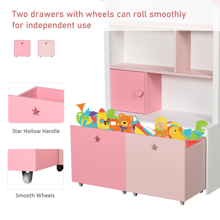 Kids Toy Storage and Bookshelf with Drawer - Rolling Wooden Organizer and Display Stand, 80x34x130cm, Pink - Ideal for Child's Room Organization