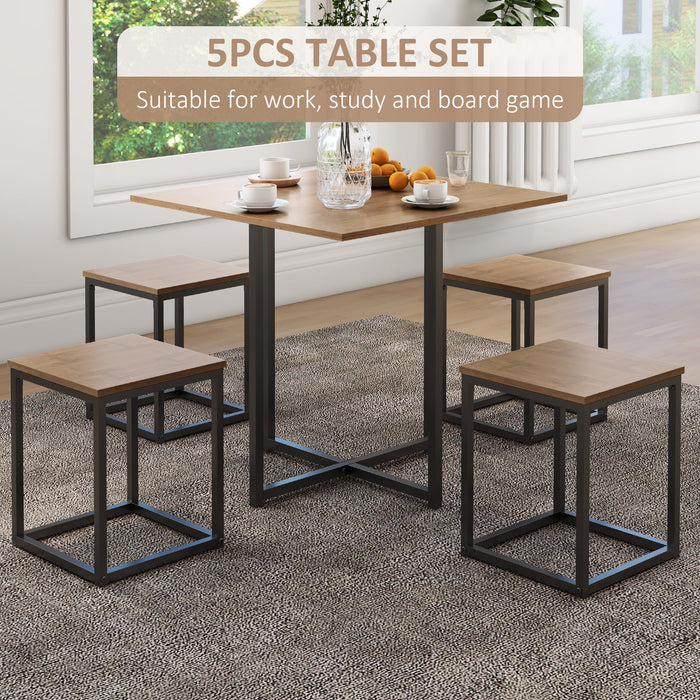 Industrial 5-Piece Table and Stool Dining Set - Stylish Square Design with Metal Frame in Cool Black and Brown - Compact Seating Solution for Home Dining Spaces