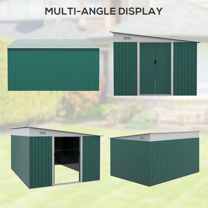 Outdoor Metal Tool Shed - Double Sliding Doors, Twin Air Vents, Spacious 11.3x9.2 ft - Ideal Garden Storage Solution in Green