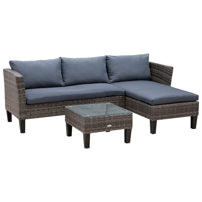 Outdoor L-Shaped Corner Lounge Set - 4-Seater PE Rattan Sofa with Thick Grey Cushions and Square Glass Top Coffee Table - Solid Metal Frame for Patio and Garden Comfort