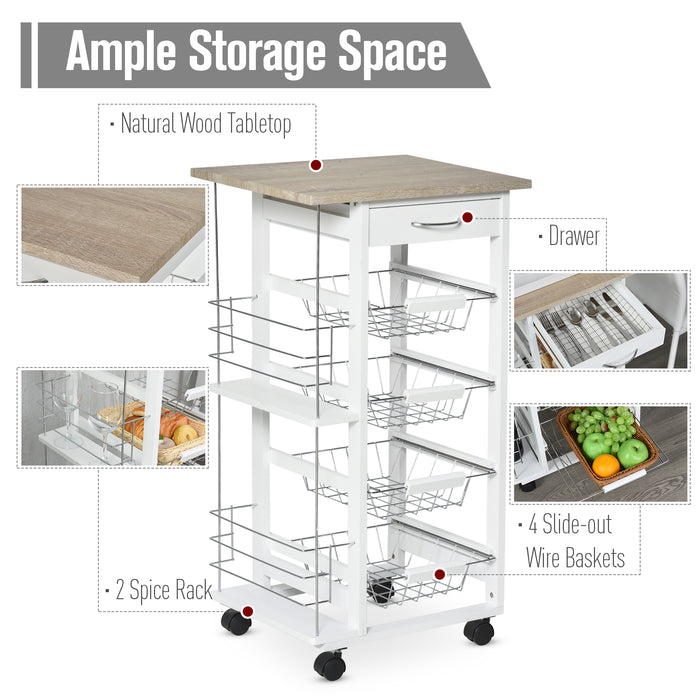 Kitchen Utility Cart with Wheels - 4 Basket Drawers & Side Racks for Storage - Mobile Organizer for Dining Room, Brown