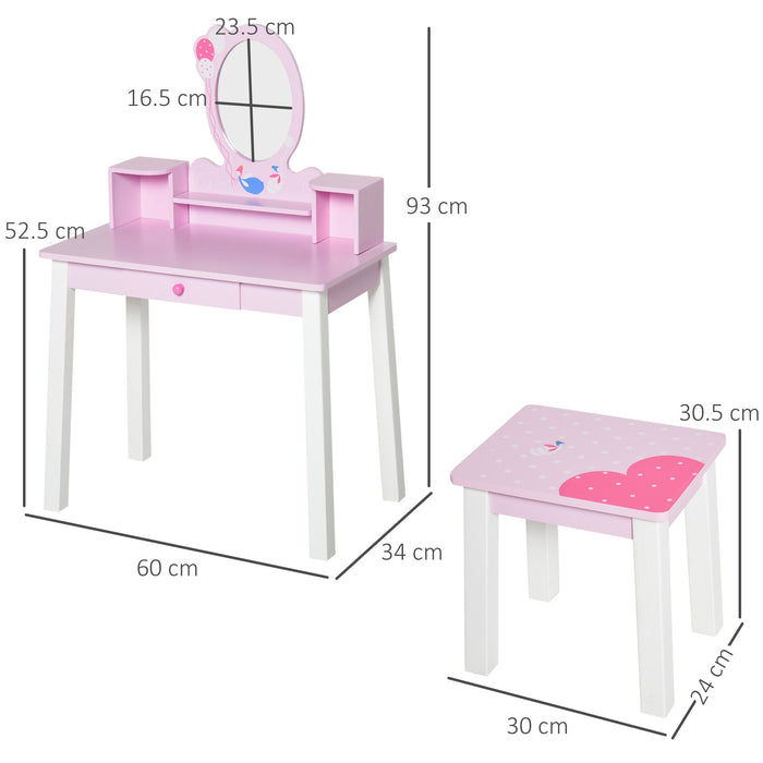 2PCS Wooden Vanity Set for Kids - Girls Dressing Table with Mirror, Stool & Drawers - Playful Makeup Station for Children Over 3 Years, Pink & White