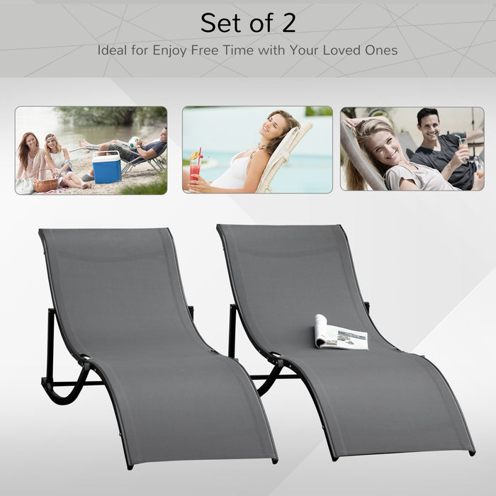 Foldable S-Shaped Lounge Chairs, Set of 2 - Reclining Sun Lounger for Outdoor, Patio, Beach, Garden - Grey Comfort Relaxation Seating