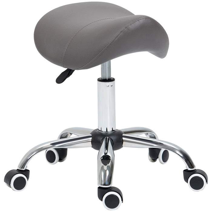 Hydraulic Saddle Stool - 360° Rotatable, Height Adjustable, Faux Leather Spa and Salon Chair with Rolling Base, Grey - Ideal for Cosmetologists, Massage Therapists, and Beauty Professionals