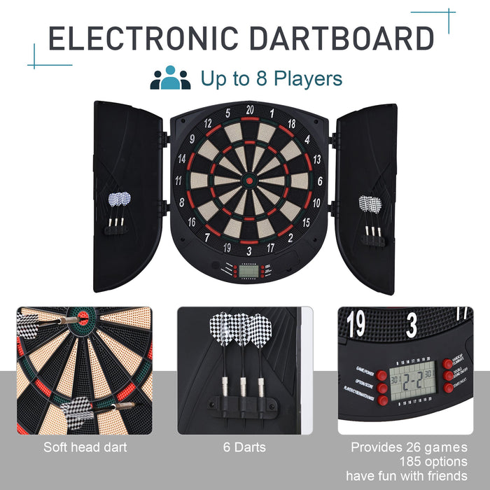 Electronic Dartboard Set - 26 Games, 185 Variations, Storage Cabinet, 6 Darts Included - Multi-Game Entertainment for Home Use