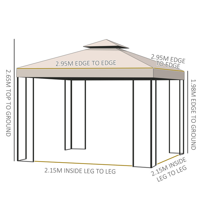 3x3m Garden Metal Gazebo - Marquee Patio Wedding Party Tent with Canopy Shelter and Pavilion Sidewalls, Beige - Ideal for Outdoor Celebrations and Gatherings