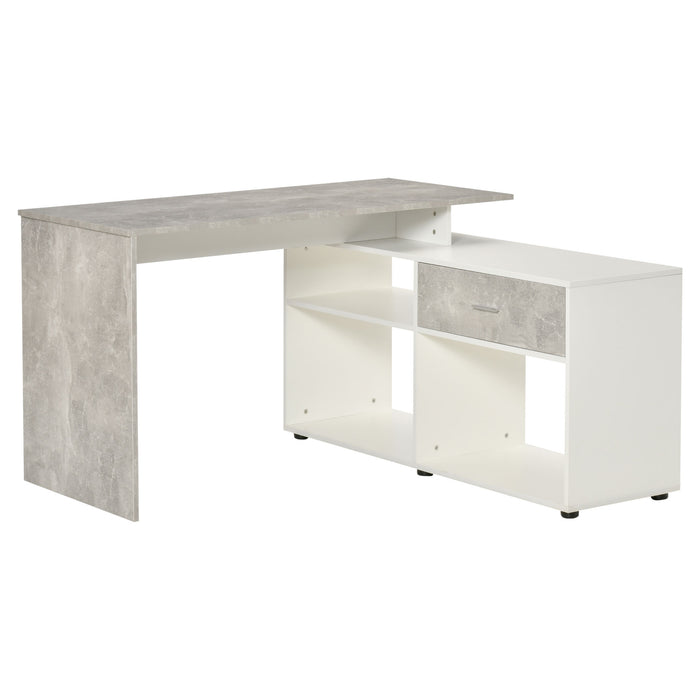 L-Shaped Workstation with Shelves and Drawer - Grey and White Home Office Corner Computer Desk - Ideal for Space Saving and Study Environments