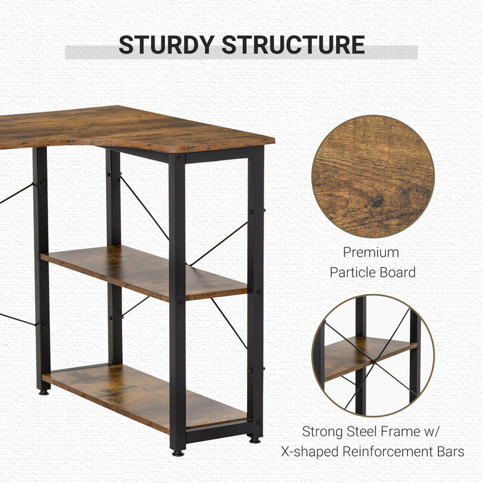 L-Shaped Study Workstation - Home Office Corner Desk with Dual Shelves and Steel Frame - Ideal for Work and Study in Rustic Brown