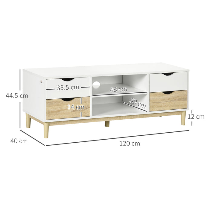 Modern TV Stand with Storage - Accommodates Up to 55" TVs, Shelves & Drawers, 120cm x 40cm x 44.5cm - Ideal for Organized Media Setup in White and Natural Finish