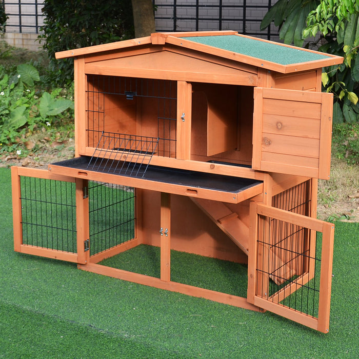 2-Tier Hutch for Rabbits & Guinea Pigs - Indoor/Outdoor Pet Cage with Ramp & Slide-Out Tray - Spacious Comfort for Small Animals