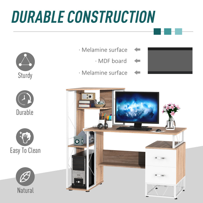 Multi-Shelf Computer Writing Desk with 2 Drawers - Spacious PC Workstation for Home Office - Ideal Study Table for Students & Professionals