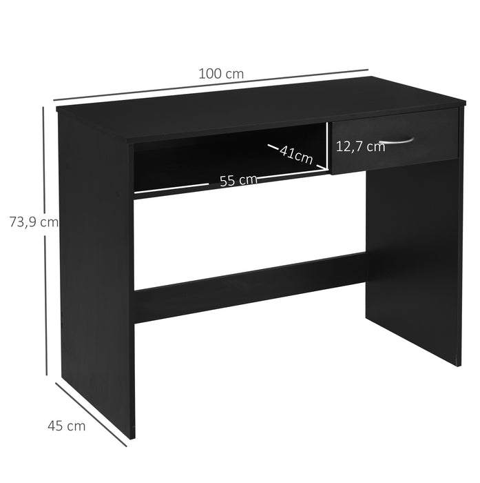 Modern Computer Work Desk with Shelf and Drawer - Ergonomic Standing Writing Station, Stylish Storage Solution - Ideal for Study or Display in Compact Spaces, Black