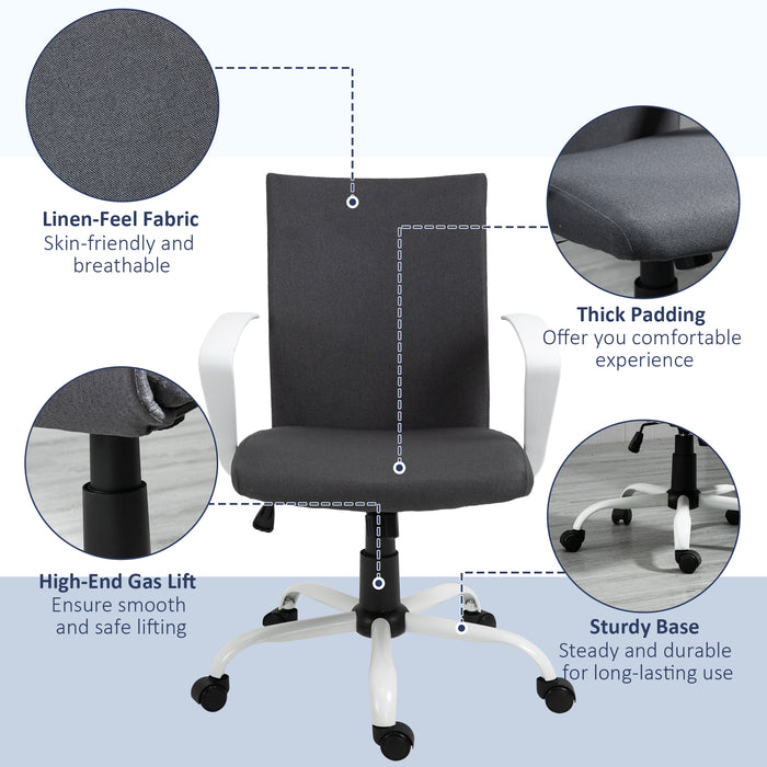 Ergonomic Linen Swivel Task Chair - Adjustable Height & Wheeled Computer Desk Chair with Arms, Dark Grey - Comfortable Home Office and Study Seating Solution