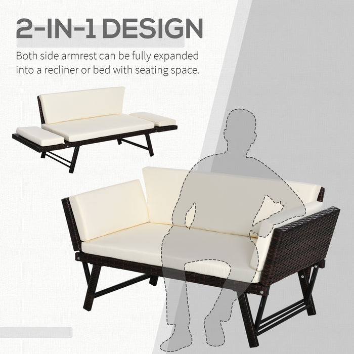 2-Seater Rattan Daybed Sofa - Folding Garden Chaise Loveseat with Cushion, Brown - Ideal for Patio Relaxation and Comfort