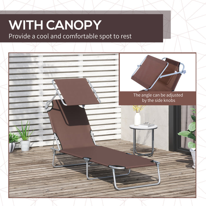 Folding Sun Lounger with Adjustable Reclining Chair - Beach and Garden Patio Recliner with Sun Shade Canopy, Brown - Ideal for Outdoor Relaxation and Sunbathing