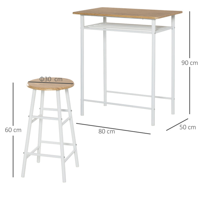 Modern Bar Table Set with 2 Stools - White & Oak Finish, Metal Frame Footrest & Storage Shelf - Ideal for Kitchen, Dining, Pub, or Café Spaces