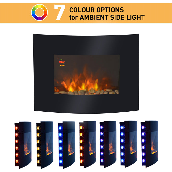 Curved Glass LED Electric Fireplace - Wall Mounted, 900/1800W Heat Settings - Cozy Ambiance for Living Spaces