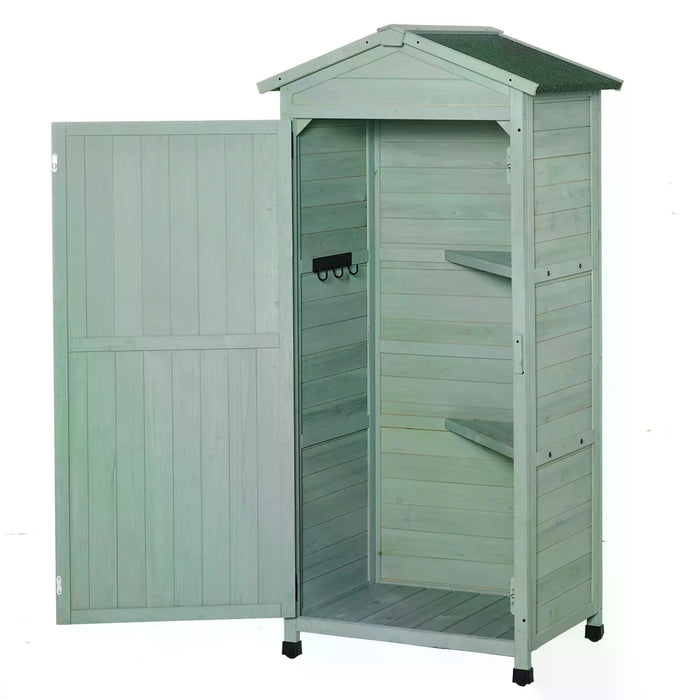 3-Tier Wooden Garden Cabinet - Outdoor Storage Shed with 2 Shelves, Lockable, and Hooks, Foot Pad Included - Space-Saving Organizer for Tools and Equipment, Green (74x55x155cm)