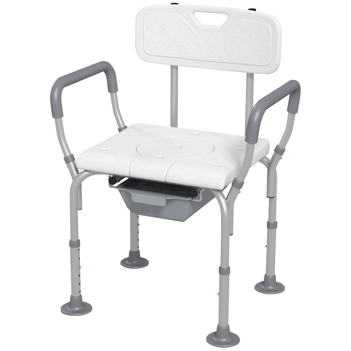 Ergonomic Shower Chair with Adjustable Height – Comfortable Bath Stool with Backrest and Arm Supports, Non-Slip Legs – Safe Bathroom Solution for Seniors with Detachable Commode Bucket