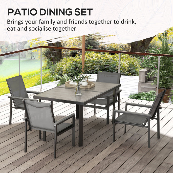 7-Piece Patio Dining Ensemble - Glass-Top Table & Breathable Mesh Fabric Chairs with Composite Wood Armrests - Ideal for Outdoor Feasts and Relaxation