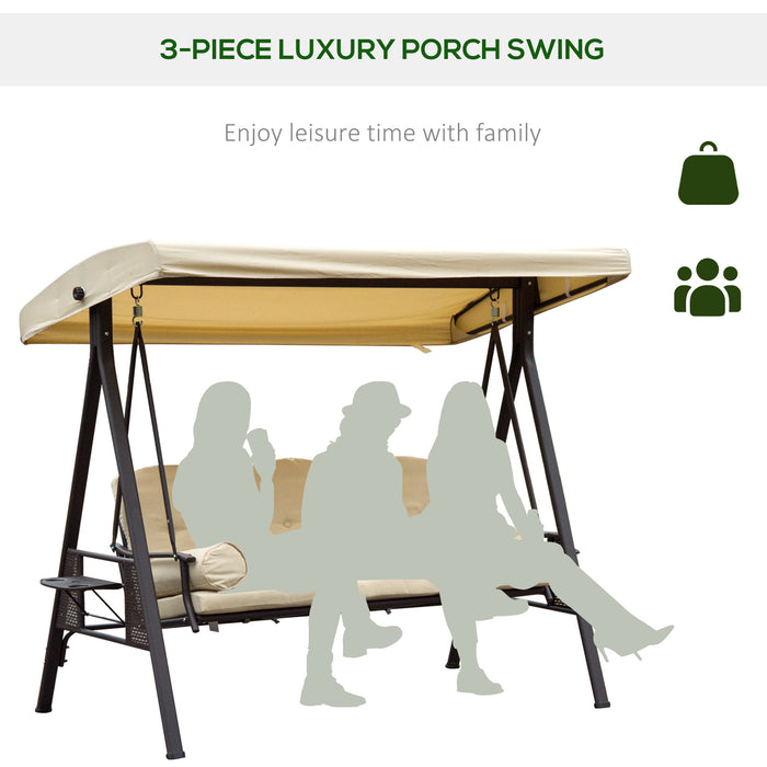 Garden 3-Seater Steel Swing Chair with Canopy - Hammock-Style Outdoor Bench with Cushion Shelter - Comfortable Beige Patio Furniture for Relaxation