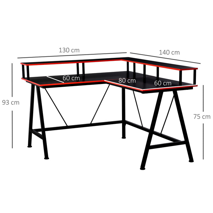 Ergonomic L-Shaped Gaming Desk - Elevated Monitor Shelf, Corner Computer Workstation in Black and Red - Ideal for Gamers and Home Office Setup