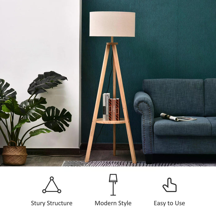 Freestanding Tripod Floor Lamp with Storage Shelf - Linen Shade Bedroom and Living Room Reading Light - Bedside Lamp for Cozy Ambiance, 154cm, Cream